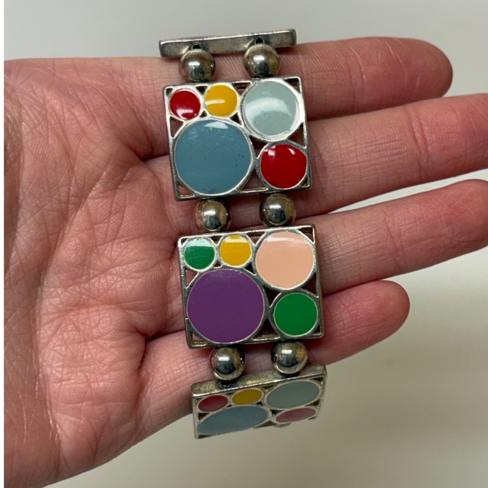 Multicolor Enamel Geometric Square Link Stretch Bracelet Silver Tone Polka Dot
